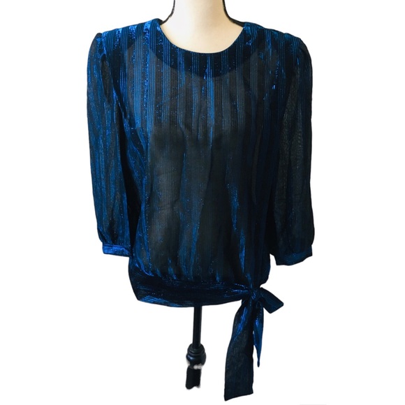 Vintage 80s Frejani Formal Sheer Blouse Top Black Blue Metallic Stripe XL - Picture 2 of 6